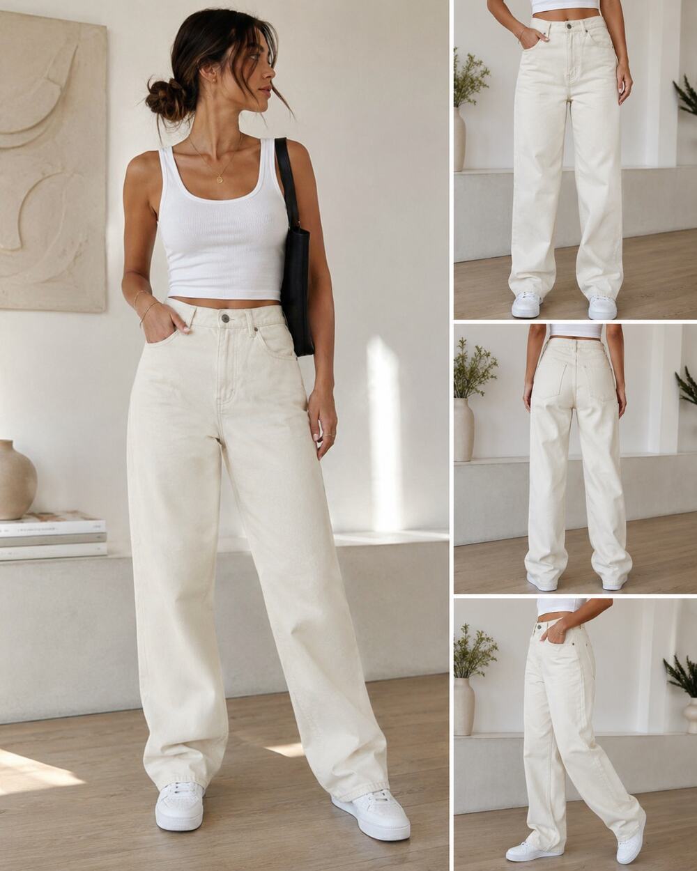 Uniqlo Wide Straight Low Rise Jeans Women's Size 28 Beige Kaihara Denim Cotton
